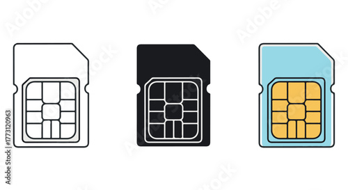 Three sim card icons in outline, black, and blue versions, isolated on transparent background