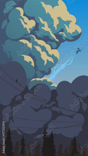 Vector illustration of a witch on a broom flying through a stormy sky