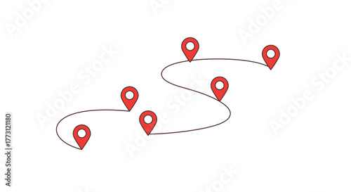 A winding path illustrated with red location pins on a white background