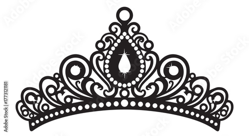A black ornate tiara with a large teardrop gem in the center, isolated on transparent background