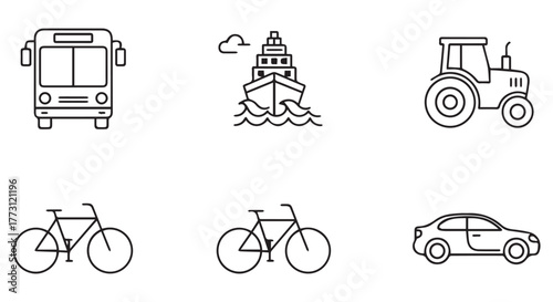Various modes of transportation including a bus, ship, tractor, bicycles, and a car isolated on transparent background
