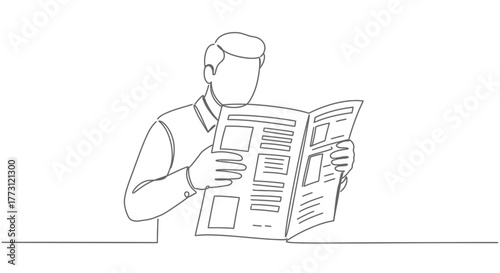 Line drawing of a man intently reading a broadsheet newspaper