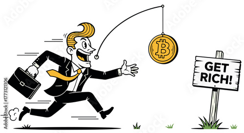 Cartoon of a businessman chasing a bitcoin for wealth, with a get rich sign isolated on transparent background