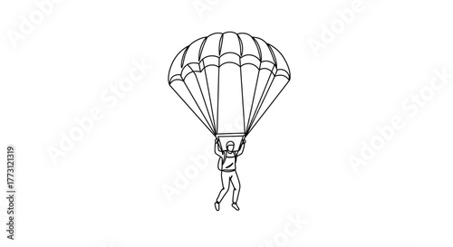 A simple line drawing depicts a skydiver with an open parachute