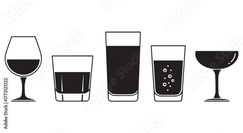 Assortment of drink glasses including wine, whiskey, tall glass, and coupe glass isolated on transparent background