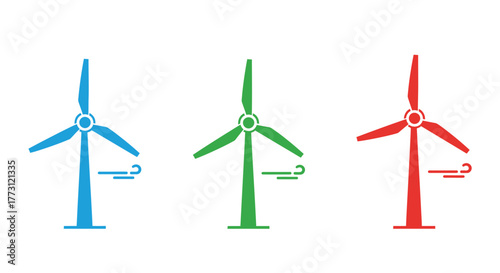 Three colorful wind turbines with simple designs stand in a row