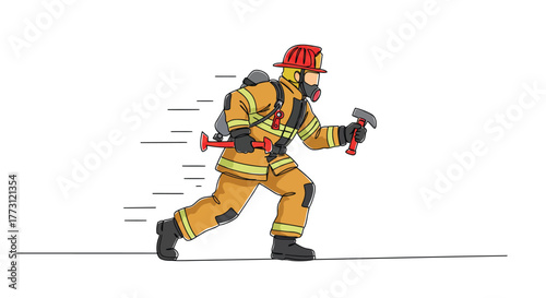 Cartoon illustration of a firefighter running with an axe and gear