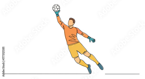 A goalkeeper in orange uniform making a high save attempt