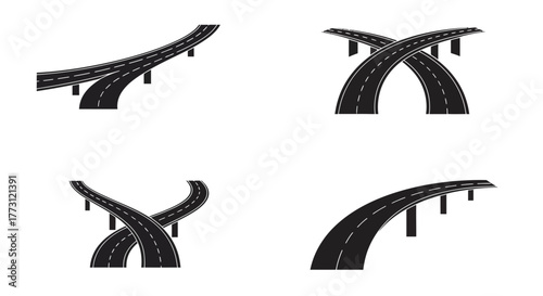 Black and white illustration depicting various highway overpass configurations