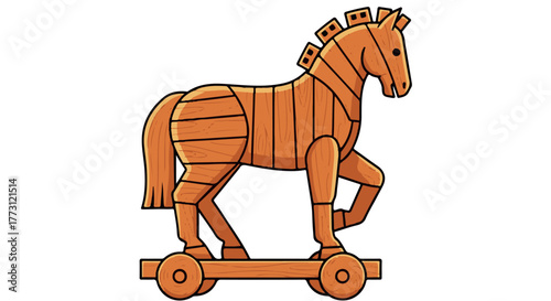 Wooden trojan horse on wheels, a symbol of deception and trickery isolated on transparent background