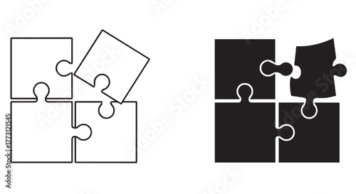 Puzzle pieces, one set incomplete and one set black isolated on transparent background