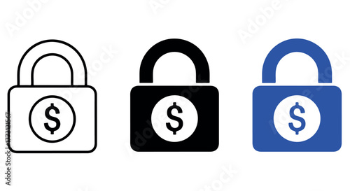 Three padlock icons with dollar signs, isolated on transparent background