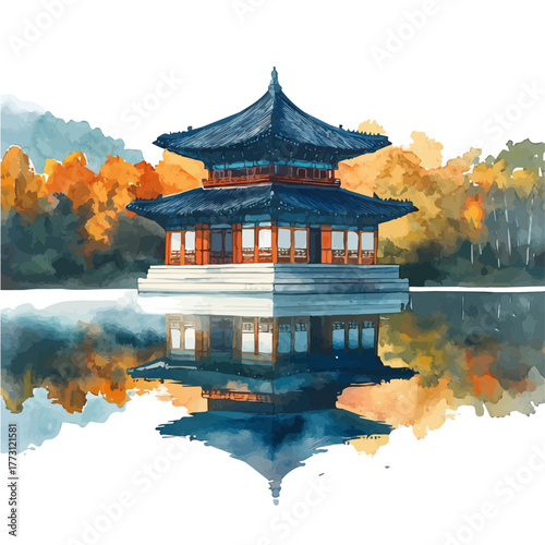 watercolor of HAryA-ji Temple, vector, isolated on a white background.