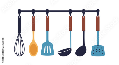 A colorful collection of kitchen utensils hanging on a dark metal rack