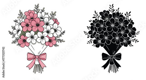 Two floral bouquets one colored pink and white one monochrome black