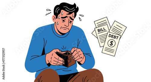 Man stressed about bills and debt, holding empty wallet isolated on transparent background