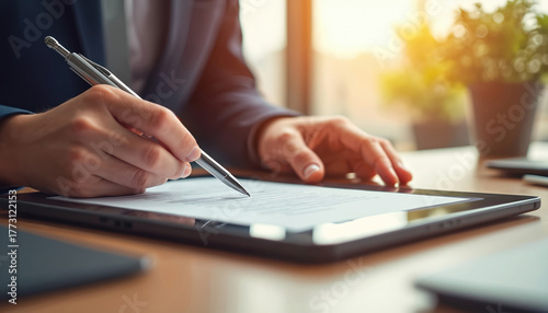 Male signs official document using pen on tablet. Man fills form in office. Paperless workflow, digital signature, modern tech, business app usage concept. Entrepreneur works with electronic contract