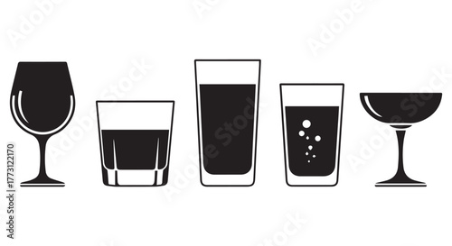 Assortment of drink glasses isolated on transparent background, including wine, whiskey, and cocktail glasses