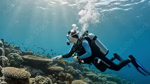 Wallpaper Mural An individual scuba diving amidst a vibrant coral reef with numerous fish and sunlight filtering through the water Torontodigital.ca