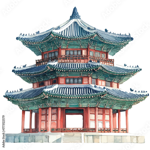 watercolor vector of Gyeongbokgung Palace, isolated on a white background.
