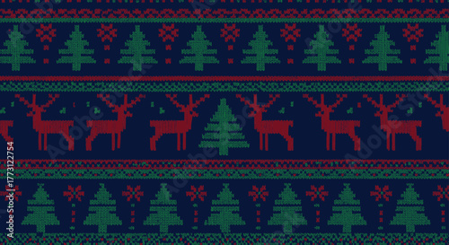 Festive Scandinavian-inspired knitted pattern featuring traditional Christmas motifs like reindeer and fir trees in classic red, green, and blue colors