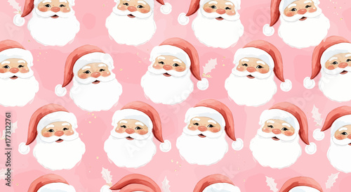 Repeating pattern of Santa Claus faces with soft pink background and delicate feathers, perfect for festive holiday designs and Christmas celebrations