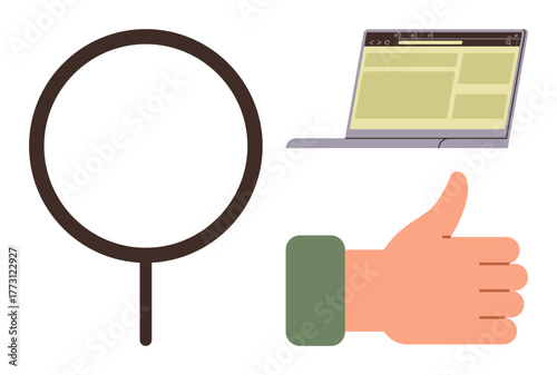 Magnifying glass, open laptop, and thumbs-up hand symbolizing exploration, online research, analysis, approval, quality, productivity, and collaboration in simple flat metaphor