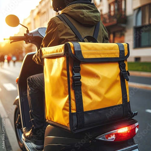 Delivery Rider on Motorbike with Yellow Backpack in Urban Environment at Sunset