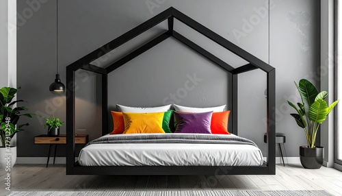 Modern Bedroom Interior Featuring Canopy Bed with Colorful Pillows and Potted Plants Against Gray Wall