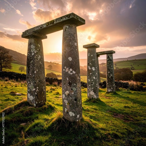 Stone Pillars Under Sunset Sky In Green Landscape Creating Architectural Formation