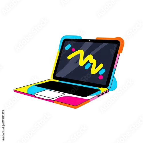 Pixelated Laptop Illustration with Bright Colors Displaying Data Analysis against a White Background