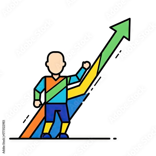 Cartoon Figure Ascending Green Arrow Representing Growth on White Background with Colorful Details