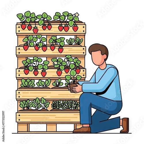 Man Planting Strawberry Plants In A Wooden Vertical Garden With White Background Vector Illustration