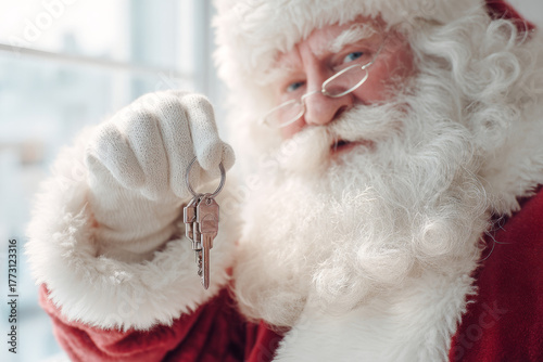 Santa Claus holding house keys with blurred background