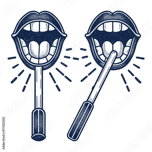 Illustrated mouths opening with tongue depressor for medical examination  