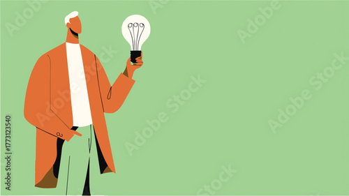 Modern illustration of a business character holding a glowing lightbulb symbolizing creativity, innovation, and bright ideas