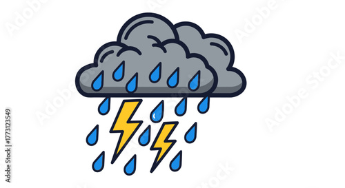 Cartoon illustration of a stormy cloud with rain and lightning bolts. Vector Illustrations. EPS Editable