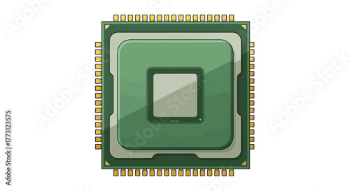Close up of a green computer processor chip with gold pins. Vector Illustrations. EPS Editable