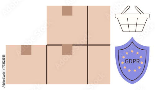 Stacked boxes, shopping basket, and GDPR shield highlighting data privacy, e-commerce logistics, compliance, security, consumer protection. Ideal for regulation, trade privacy e-shopping legal
