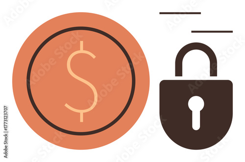 Dollar coin and padlock represent financial security, privacy, and stability. Ideal for banking, fintech, investment, savings, business, cybersecurity and protection in a simple flat metaphor