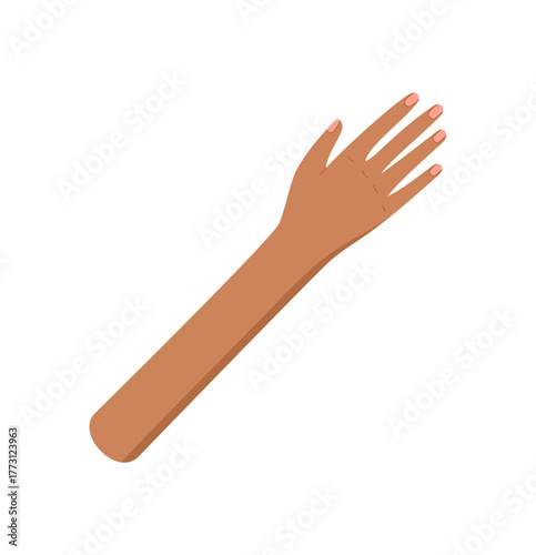 Flat Open human hand in colorful cartoon graphic style with extended fingers. Diverse arm symbolizing multicultural community and equality. Vibrant symbol for teamwork, unity, and social support