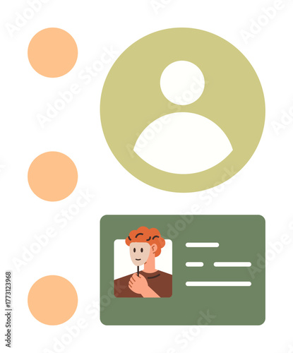 Circular avatar symbol alongside an ID card with a photo and text elements. Ideal for identification, user data, online profiles, security, personal information, digital identity, simple flat