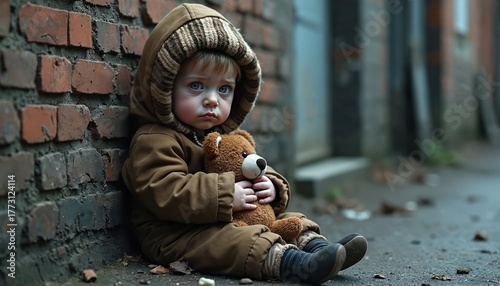 Fototapeta Naklejka Na Ścianę i Meble -  Sad child sits near brick wall holds teddy bear. Kid in outerwear looks upset. Boy needs help. Social issues concept, kid needs support. Innocence contrasts harsh reality, child abuse issues arise.