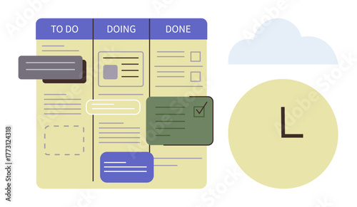 Kanban board displays tasks in columns for to-do, doing, and done stages. Features task cards, checklist, cloud, and clock. Ideal for project management, productivity time tracking planning