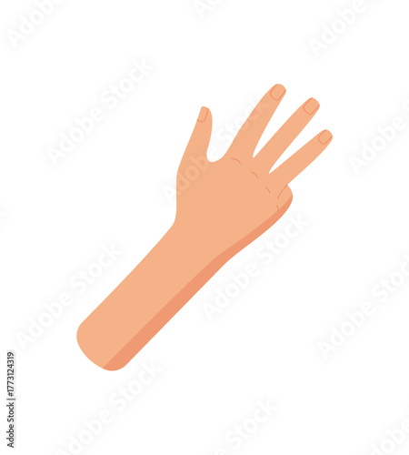 Flat cartoon hand with four fingers up gesture sticker. Bare palm character showing the number four. Isolated body sign with clear style and basic concept. Great for education materials, mathematics