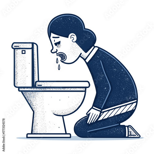 Woman vomiting while kneeling beside a toilet in a bathroom  