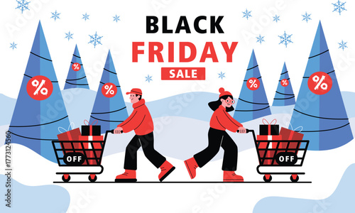 Black Friday Sale Advertisement With Winter Scene Illustration Black Friday Discount Sale Post