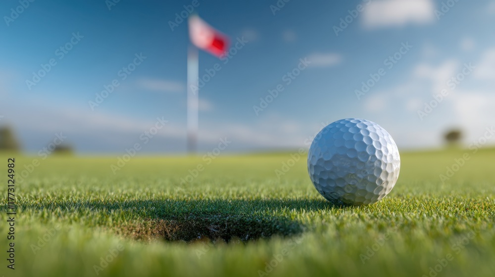 Obraz premium Close-Up Golf Ball on Green Grass Near Flag in Background Under Blue Sky on a Sunny Day at a Beautiful Golf Course Perfect for Sports and Recreation