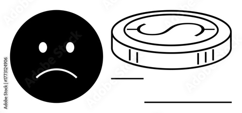 Sad face icon and a coin representing financial struggles, poverty, and economic hardship. Ideal for topics thumbs up debt, budgeting, inequality, emotional stress, fiscal responsibility, financial