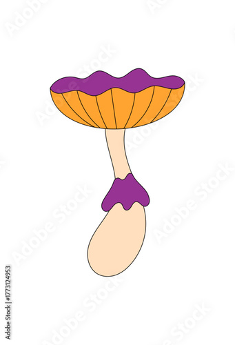 Groovy retro mushroom in psychedelic style creates a funky and trippy look sticker. This cartoon shroom works as a colorful magic sticker, groovy element for playful y2k or pop art concepts.